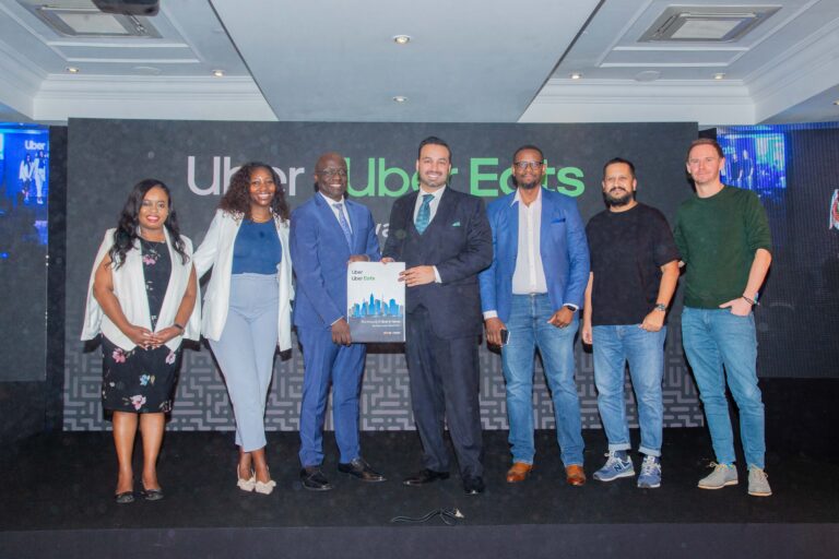 (From Left) Kui Kinyanjui, Strathmore Institute of Public Policy; Kui Mbugua, Uber Eats Kenya; Ambassador Phillip Thigo, MBS, Special Envoy for Technology for the Republic of Kenya; Imran Manji, Head of East Africa, Uber; Samuel Kariuki, Microsoft; Asif Khan, Ando Foods; and Christopher Maclay, Mercy Corps during the launch of the Uber Kenya Impact Report.)