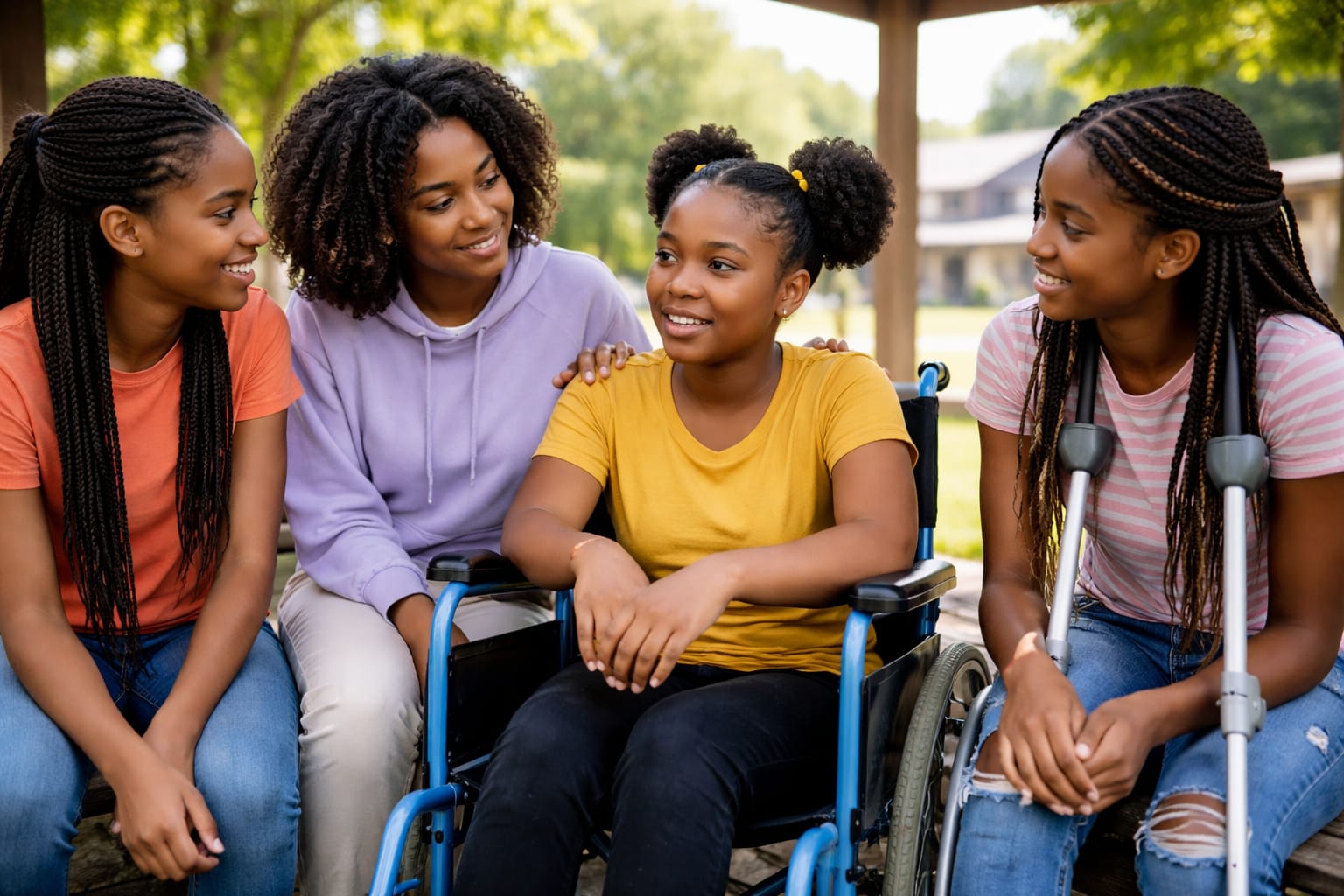 Adolescent girls engage in discussion, highlighting the importance of safe and inclusive spaces where girls with disabilities can access information about their reproductive health and rights Image AI-generated illustration via ChatGPT
